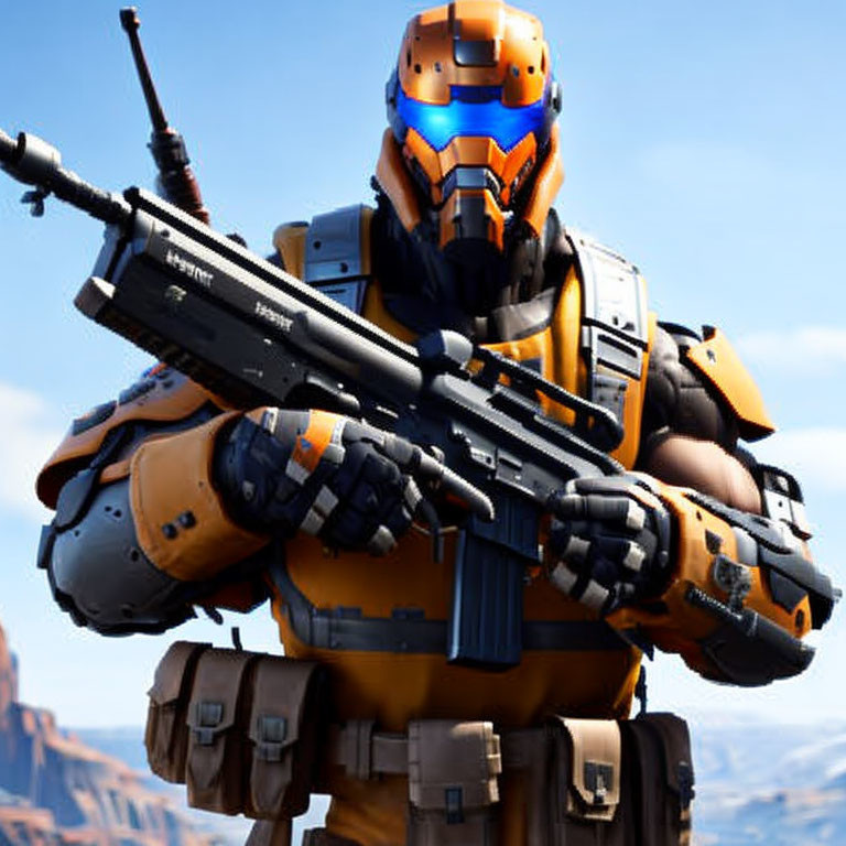 Futuristic soldier in orange and white armor with sniper rifle in rocky desert.