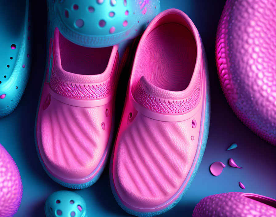 Assortment of Pink and Blue Rubber Shoes with Pink Shoe in Center