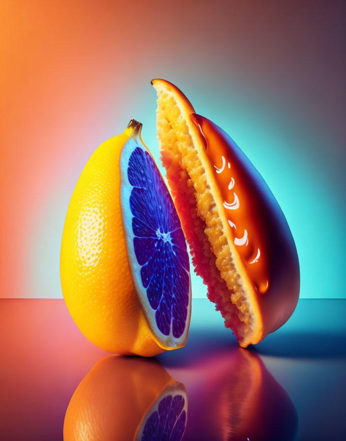 Colorful sliced lemon with liquid-filled capsule on reflective surface