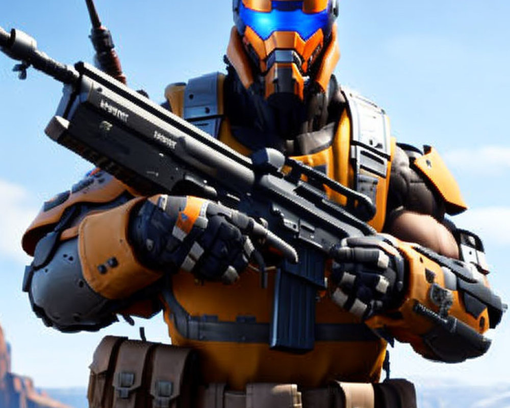 Futuristic soldier in orange and white armor with sniper rifle in rocky desert.