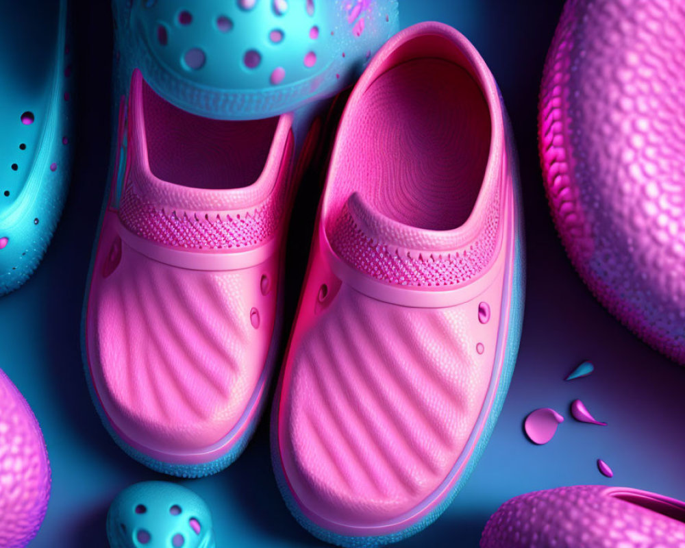 Assortment of Pink and Blue Rubber Shoes with Pink Shoe in Center