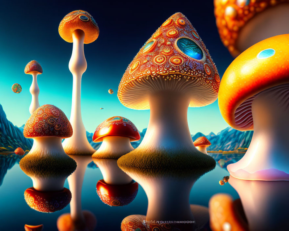 Colorful intricate mushroom patterns in surreal landscape glow warmly