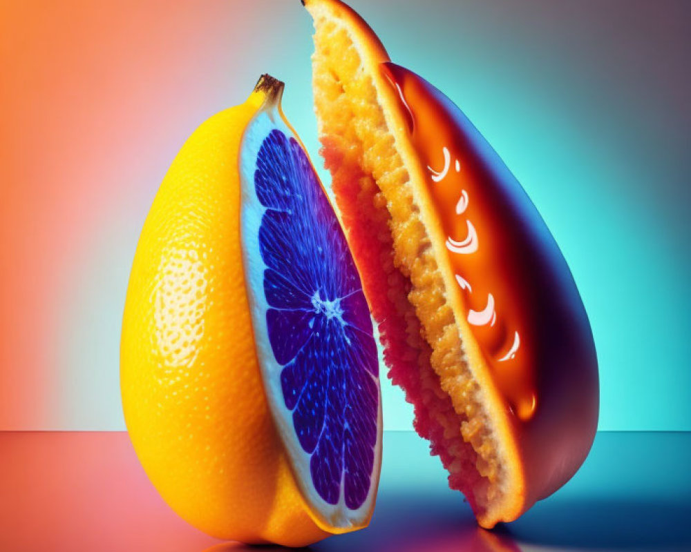 Colorful sliced lemon with liquid-filled capsule on reflective surface