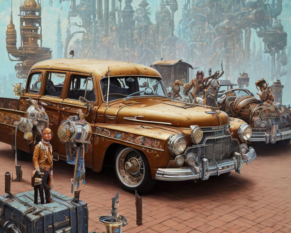 Vintage Yellow Car and Steampunk Characters in Futuristic Setting