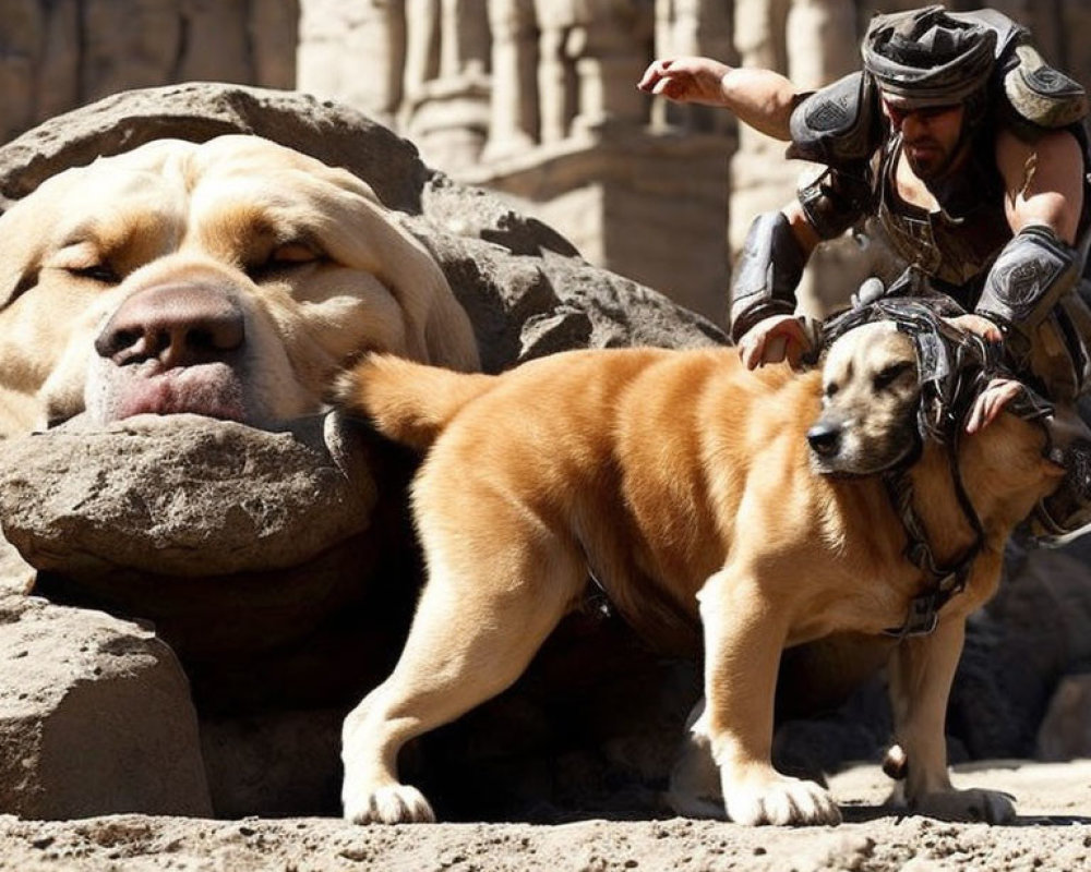 Man in warrior costume pushing against sleeping dog in ancient ruin setting