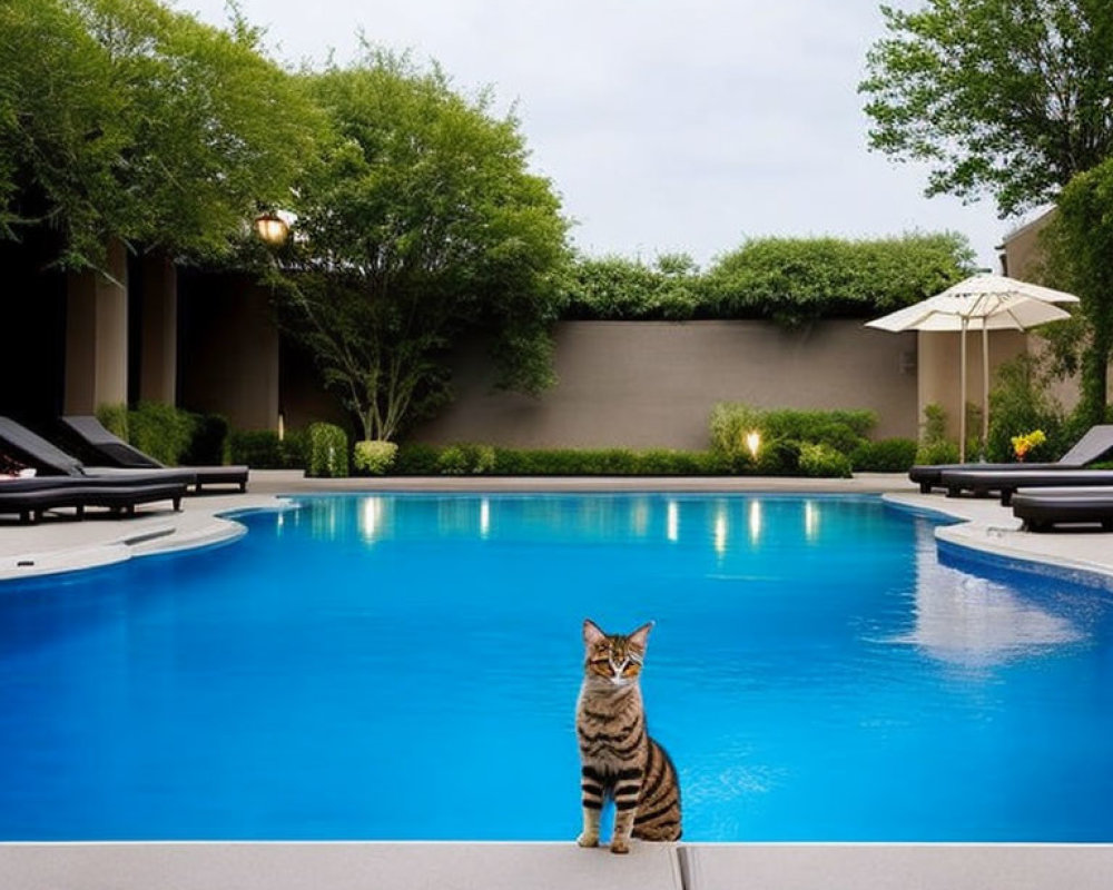 Cat by Tranquil Poolside with Lounge Chairs and Torch