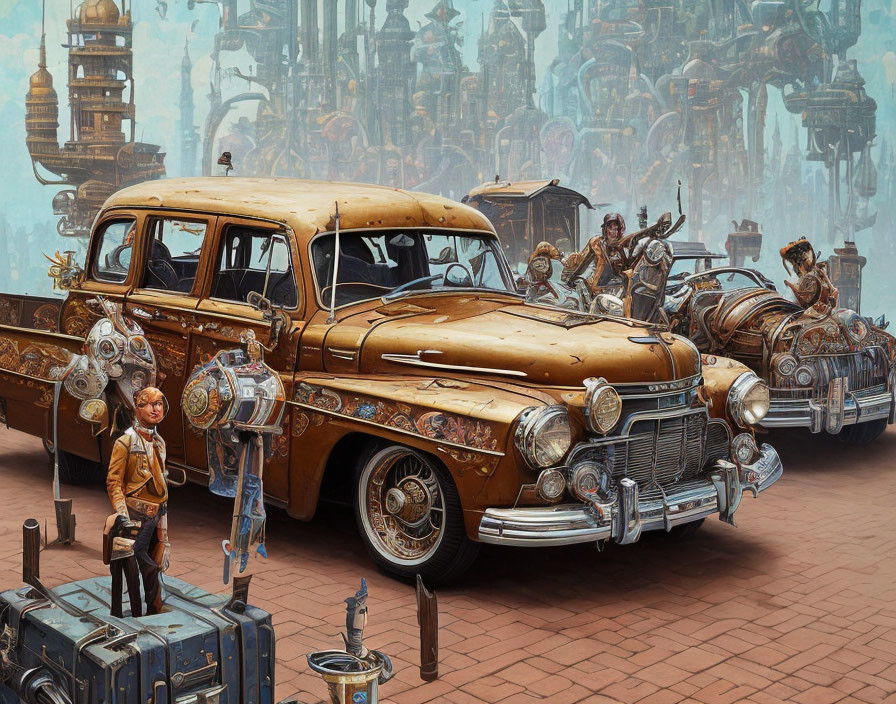 Vintage Yellow Car and Steampunk Characters in Futuristic Setting