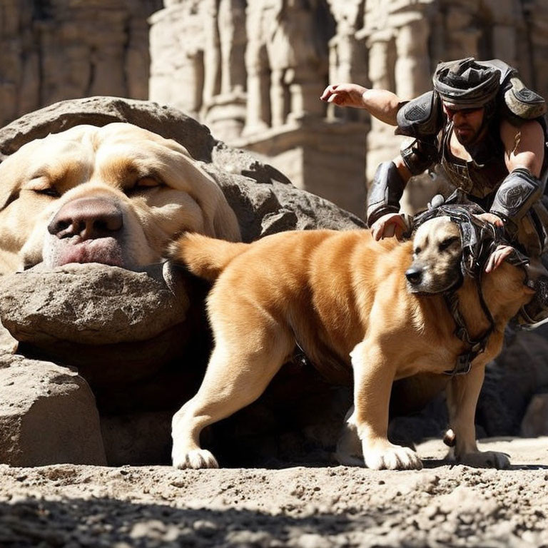 Man in warrior costume pushing against sleeping dog in ancient ruin setting