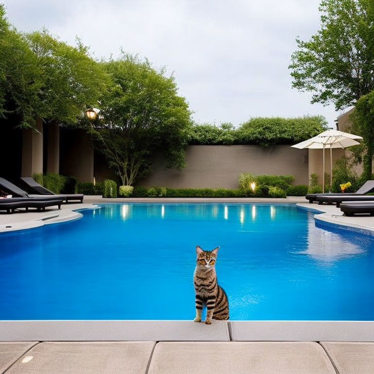 Cat by Tranquil Poolside with Lounge Chairs and Torch