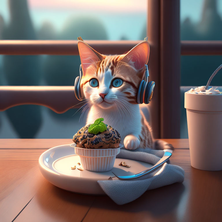 Cat with headphones enjoying cupcake and drink at sunset