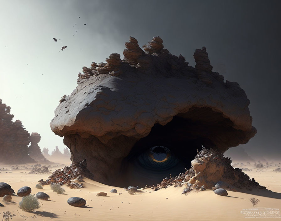 Surreal desert landscape with eye-shaped rock formation