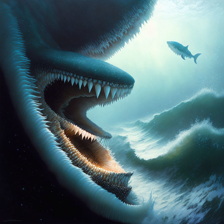 Digital artwork of giant shark-like sea creatures in dark ocean waves