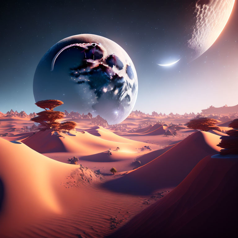 Surreal desert landscape with celestial bodies above