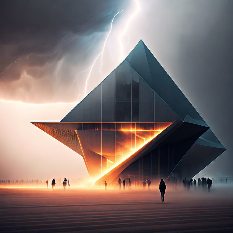 Futuristic pyramidal structure with orange interior lights under stormy sky and silhouettes.