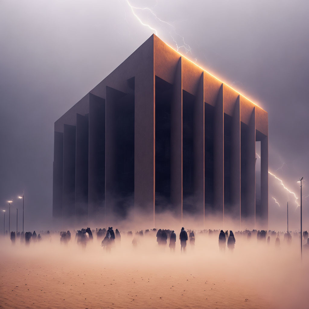 Cube-shaped building with tall columns in mist, crowd gathering under lightning storm.