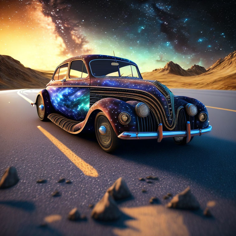 Vintage Car with Cosmic Paint Job Driving on Desert Road at Night