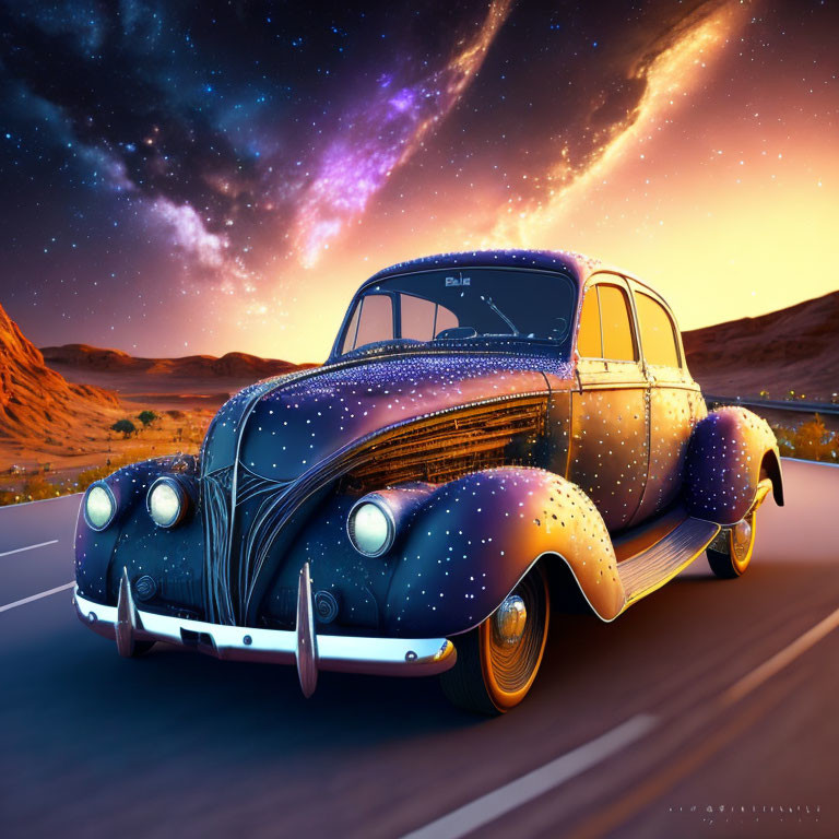 Classic Car with Galaxy Paint Job on Sunset Road & Starry Sky Background