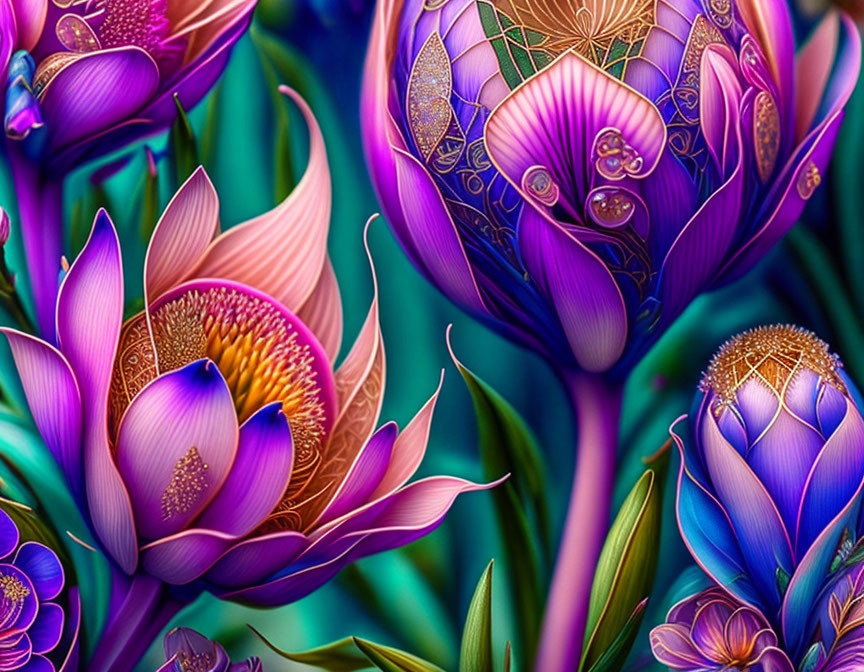 Stylized purple flowers with gold patterns on teal background