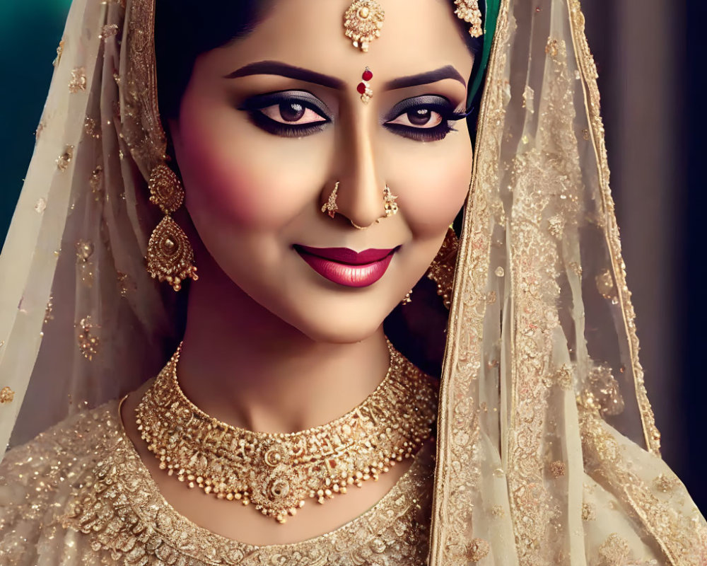 Traditional Bridal Attire with Gold Jewelry and Henna Adornments