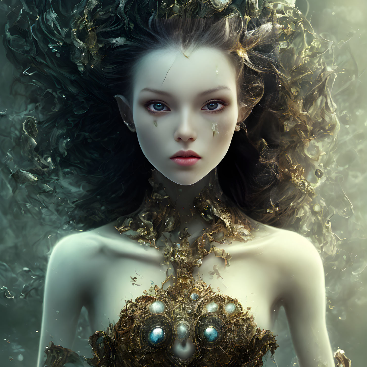 Fantasy portrait of woman with gold details and dark hair