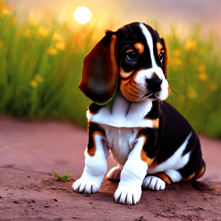 Tricolor beagle puppy in sunlit field with soulful eyes