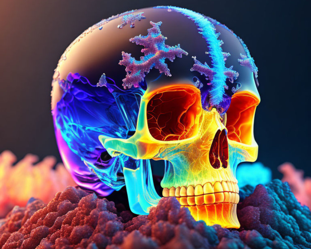 Vibrant 3D human skull with transparent brain and neural networks on black background