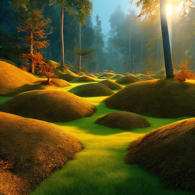 Forest landscape with sunlight filtering through dense trees