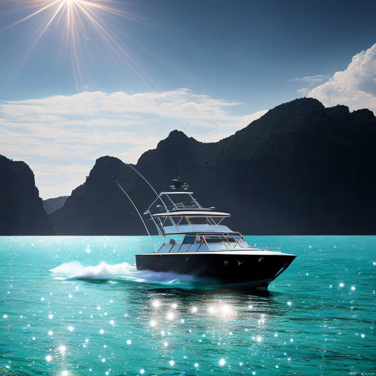 Luxurious yacht sailing on turquoise waters with mountains in the background