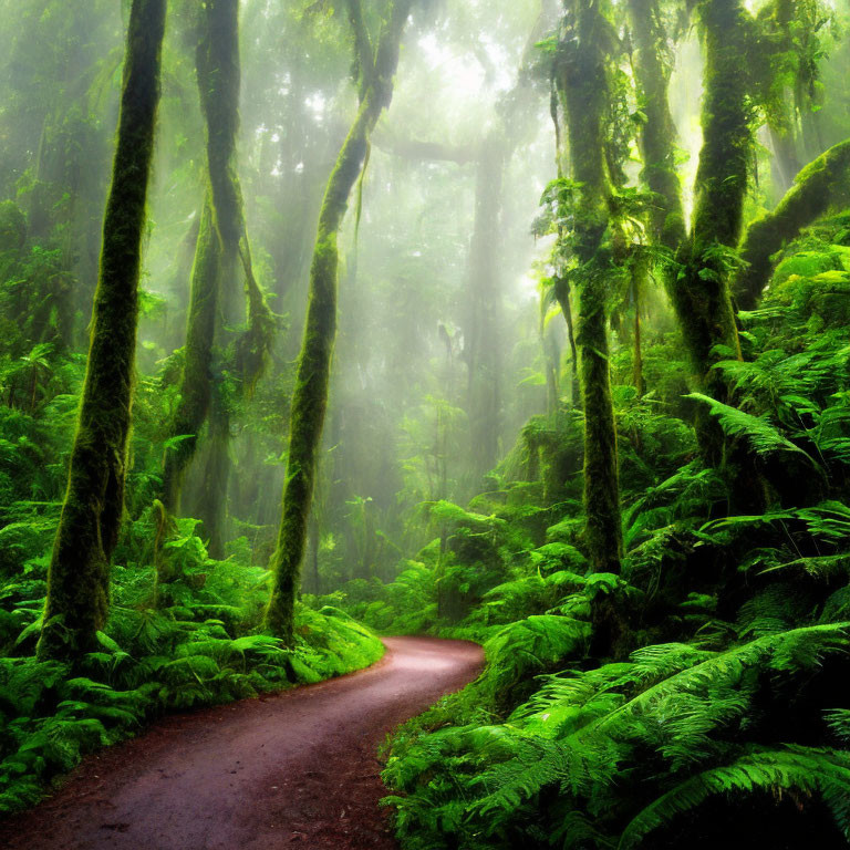 Serene forest scene with moss, ferns, and winding path