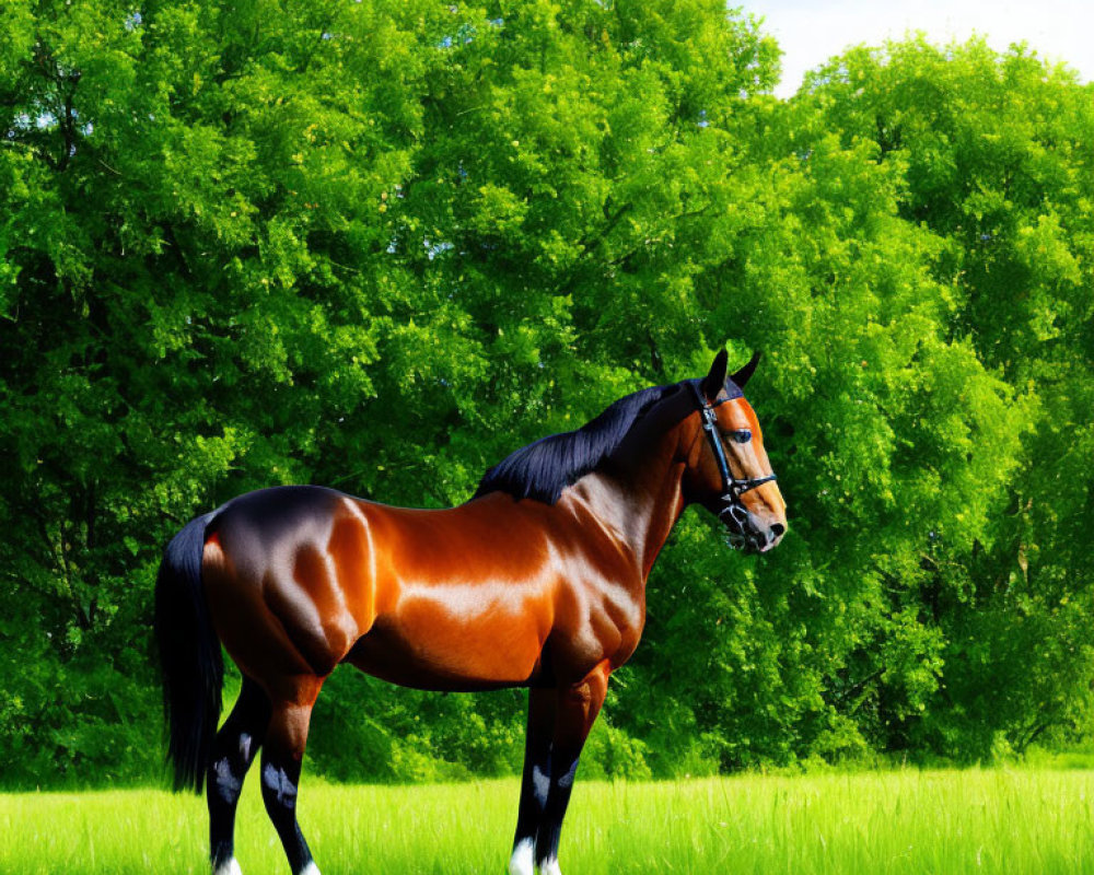 Chestnut horse with white leg markings in lush green field