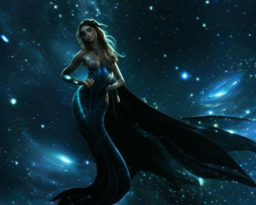 Woman with mermaid-like tail in cosmic space setting