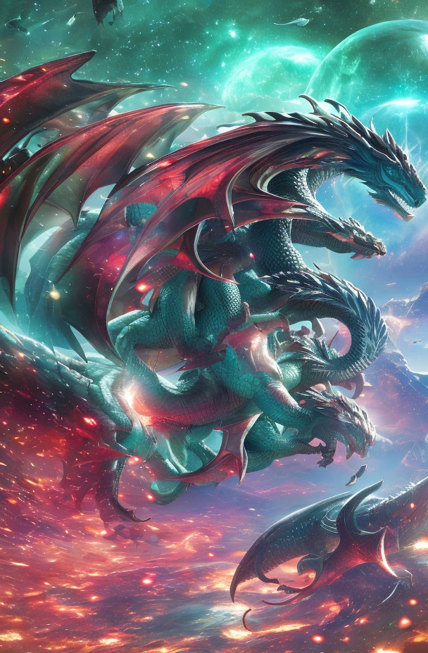 Majestic red and green dragon in cosmic galaxy scene