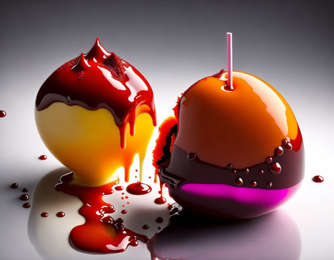 Glossy candy apples with red and purple coatings on reflective surface