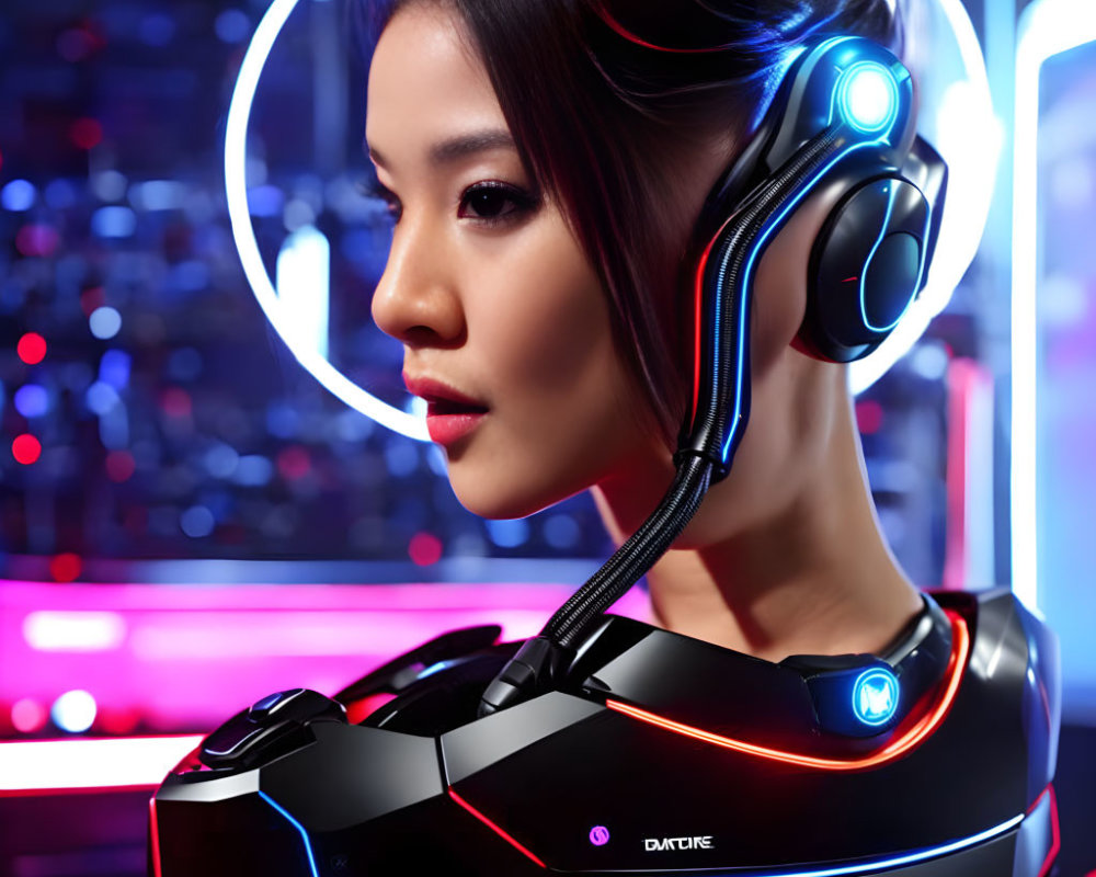 Futuristic female android with glowing blue lights in neon cityscape