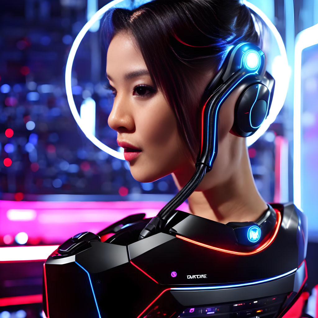 Futuristic female android with glowing blue lights in neon cityscape