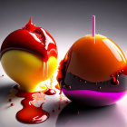 Glossy candy apples with red and purple coatings on reflective surface