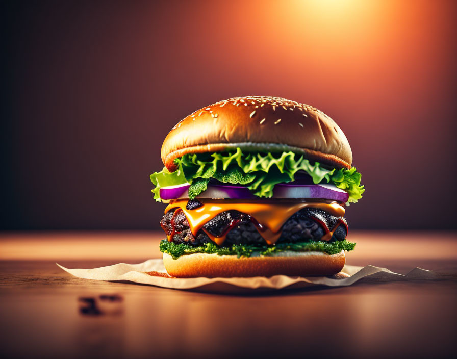 Succulent Cheeseburger with Lettuce, Onion, and Tomato on Sesame Seed Bun