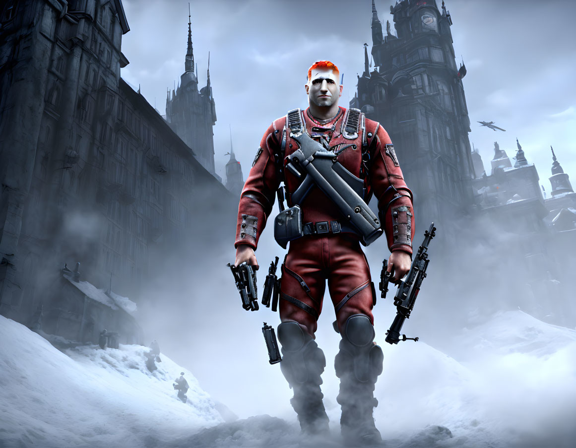 Futuristic character in red armor with weapons in snowy gothic cityscape