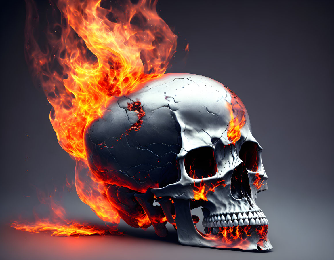 Metallic skull engulfed in flames and crackling surface in 3D render