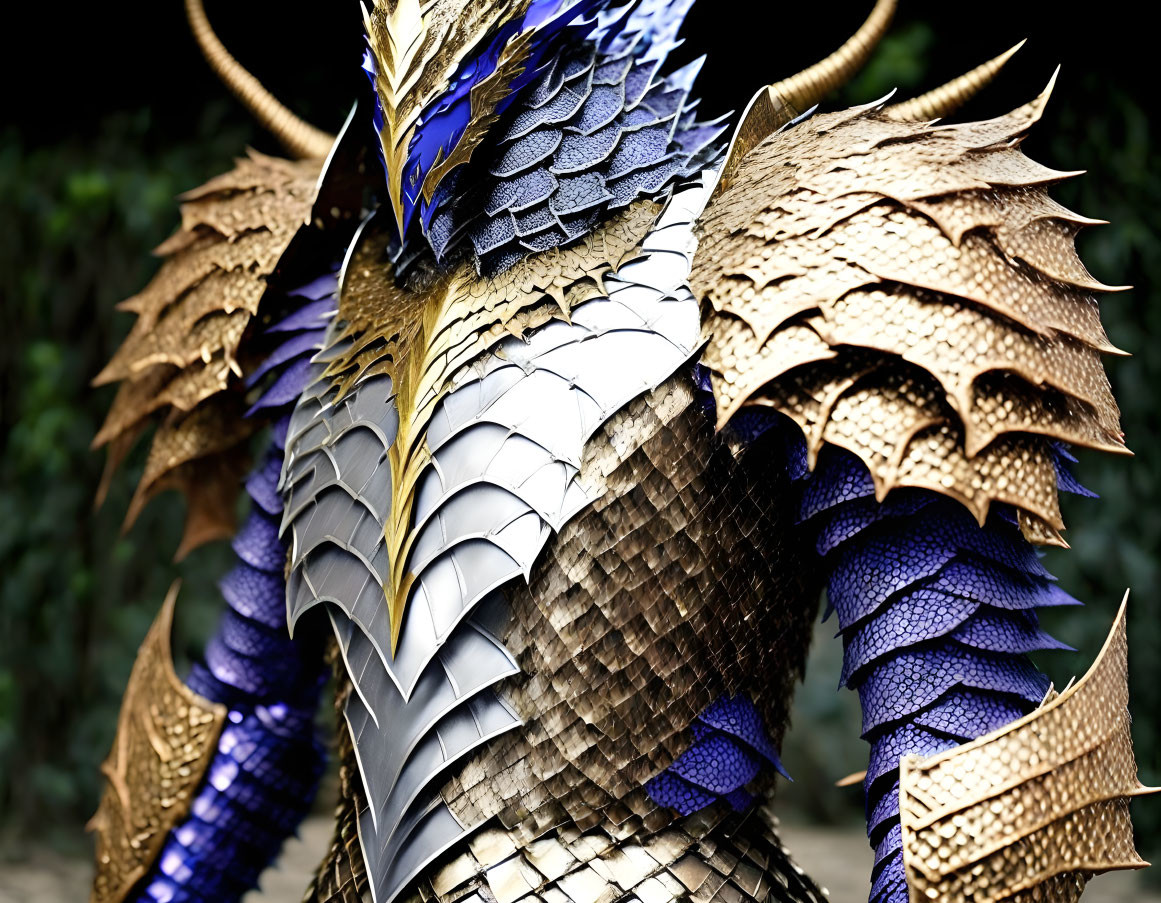 Detailed close-up of layered, scale-like gold, blue, and purple costume pieces.