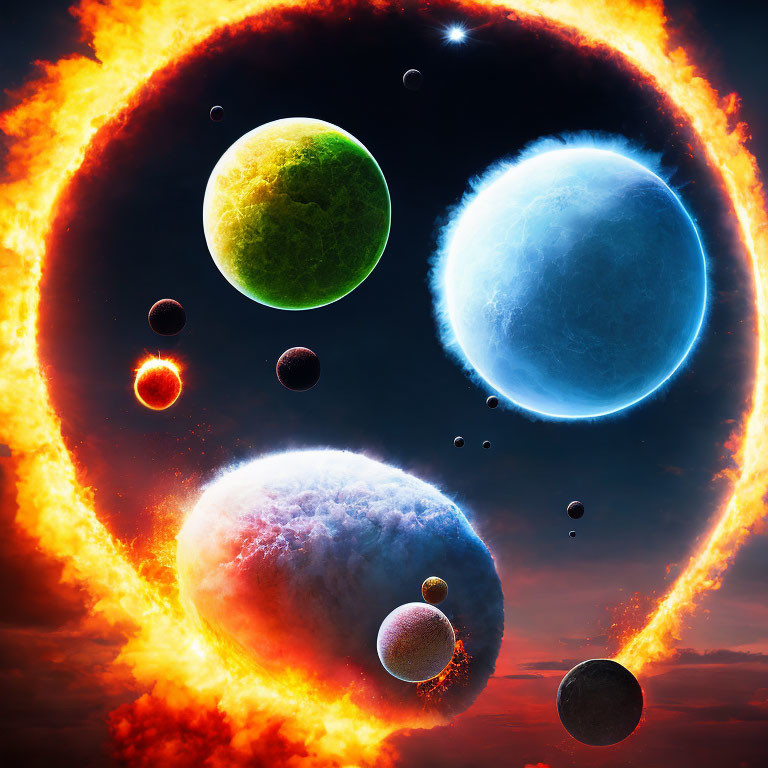 Vibrant solar system with diverse planets on cosmic background