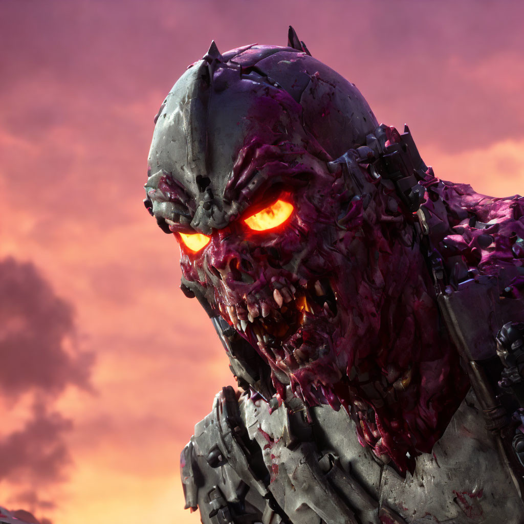 Menacing robotic creature with glowing red eyes and metallic exterior against dusk sky