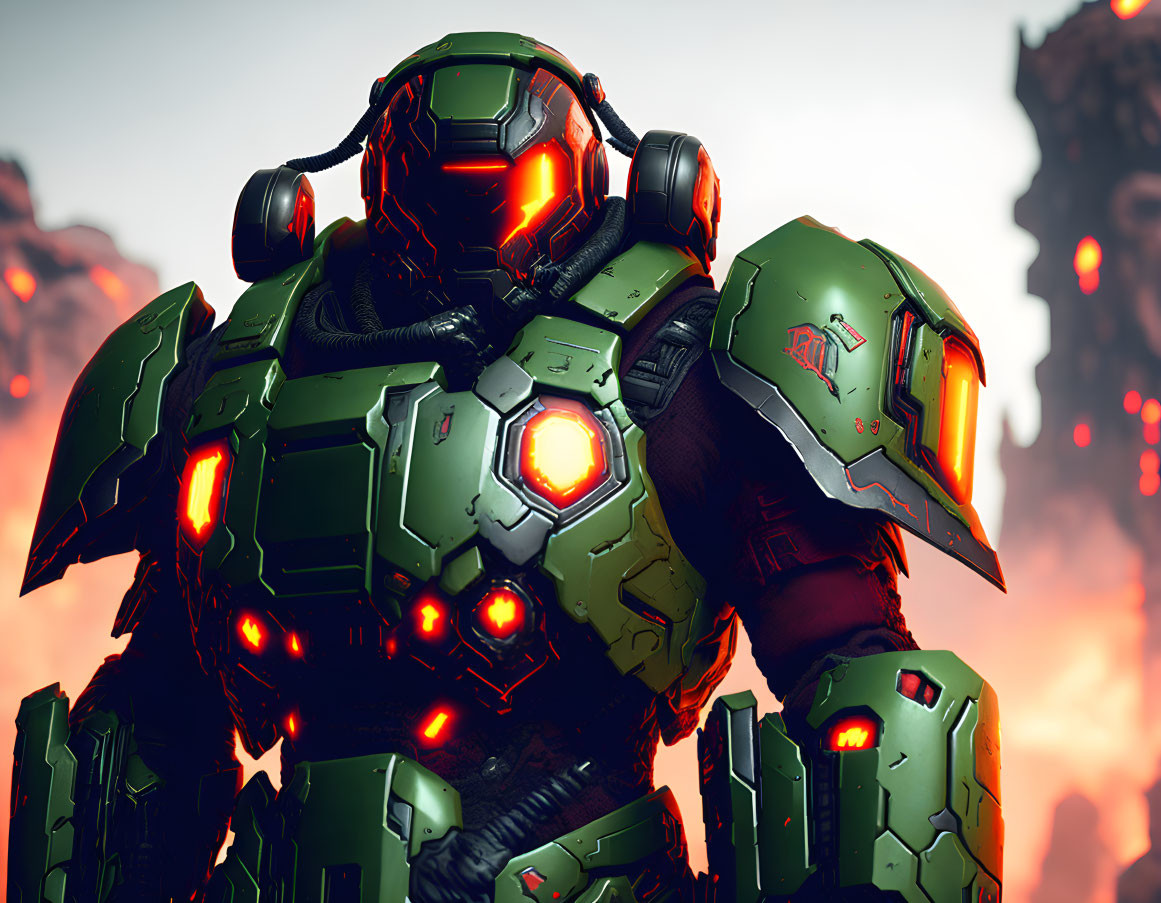 Futuristic green armored soldier with red lights in rocky setting