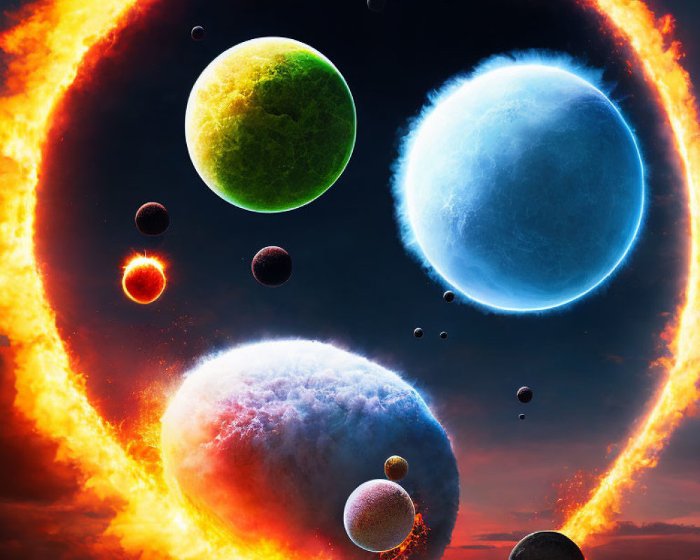 Vibrant solar system with diverse planets on cosmic background