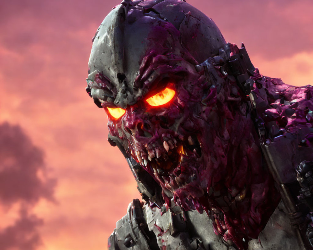 Menacing robotic creature with glowing red eyes and metallic exterior against dusk sky