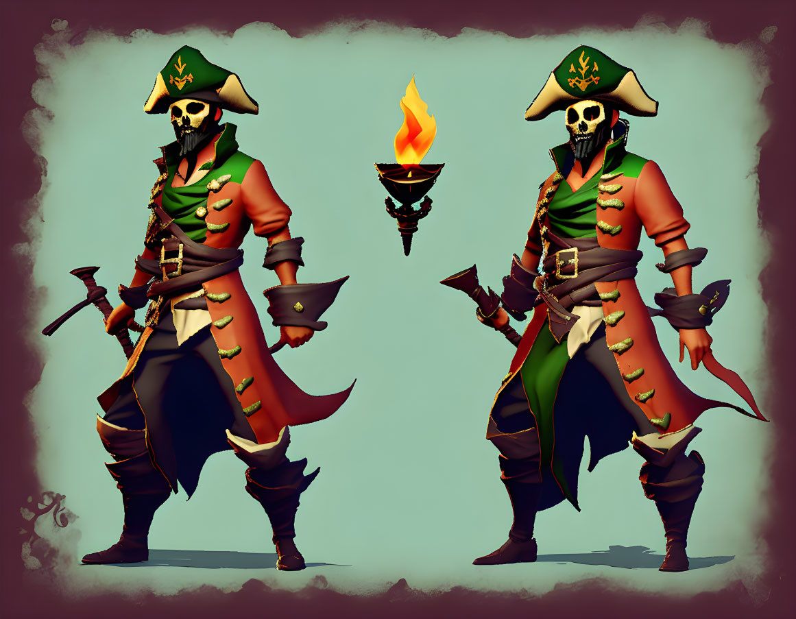 Stylized skeleton pirate with torch and axe in digital art