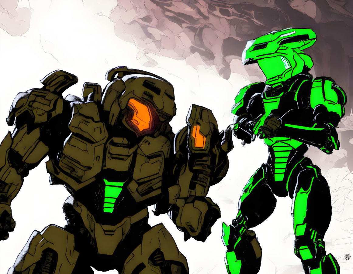 Armored sci-fi characters with orange and green details standing together