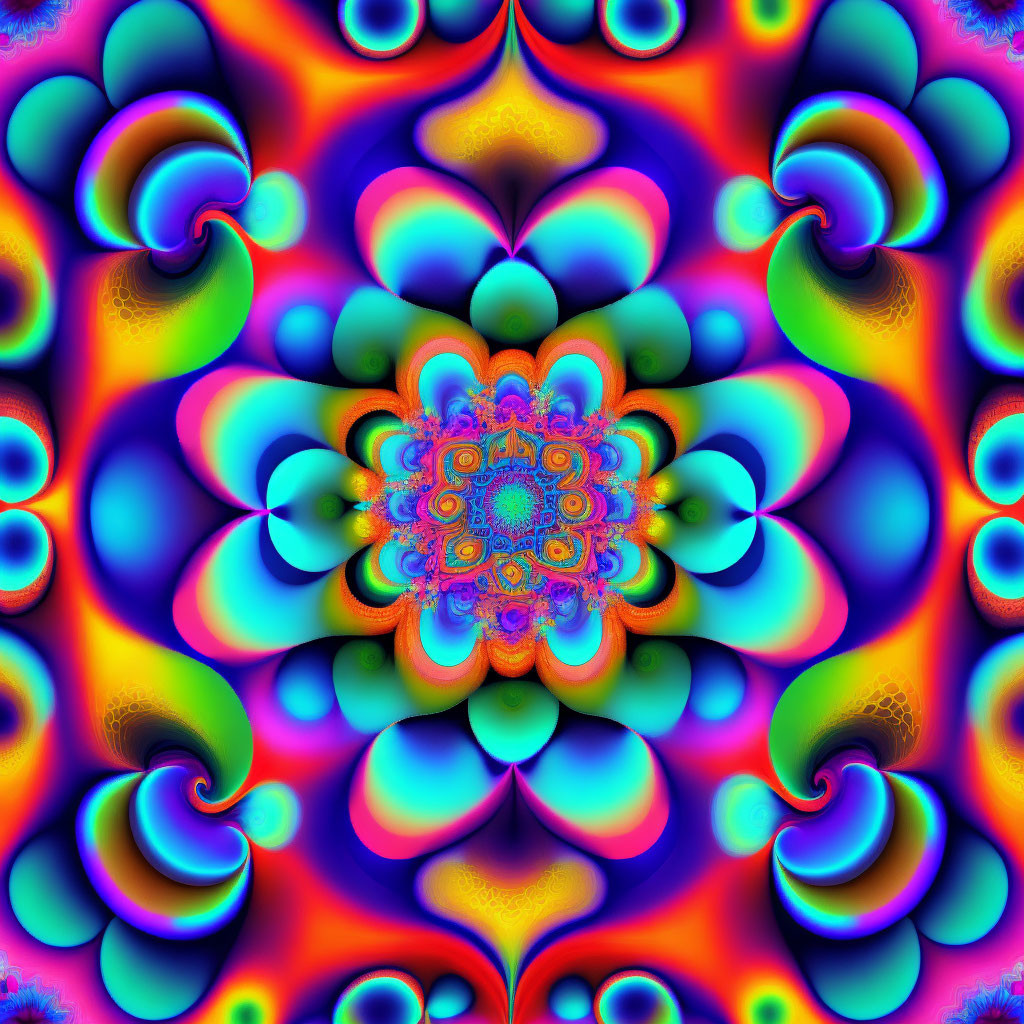 Colorful Psychedelic Fractal Pattern in Blues, Oranges, and Purples