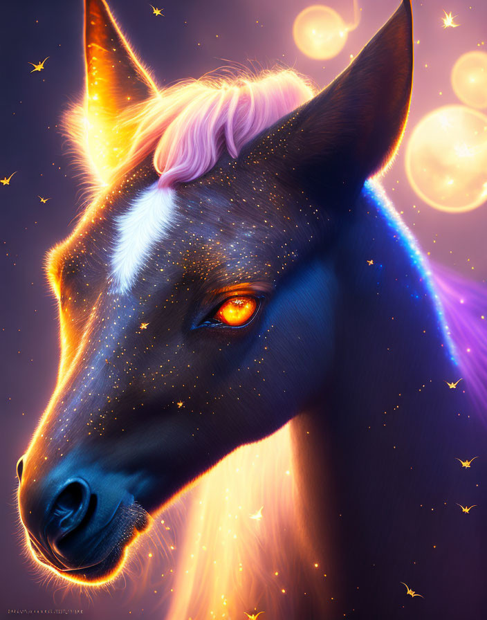 Mystical horse illustration with cosmic theme and luminous mane