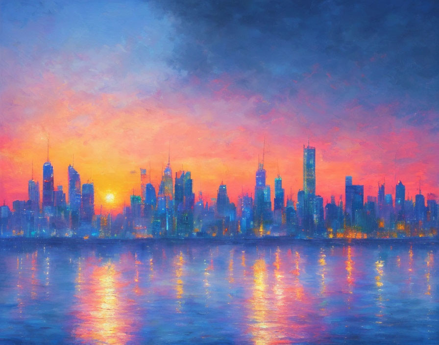 City skyline at sunset painting with water reflections in vibrant blues, pinks, and oranges